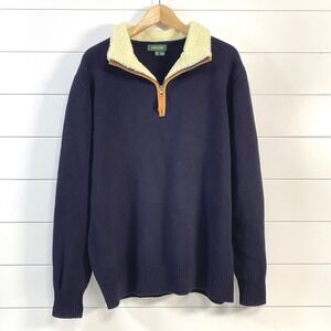 Orvis Mens 100% Lamsbwool w 100% Leather Trim Sherpa 1/4 Zip Sweater sz M Blue
